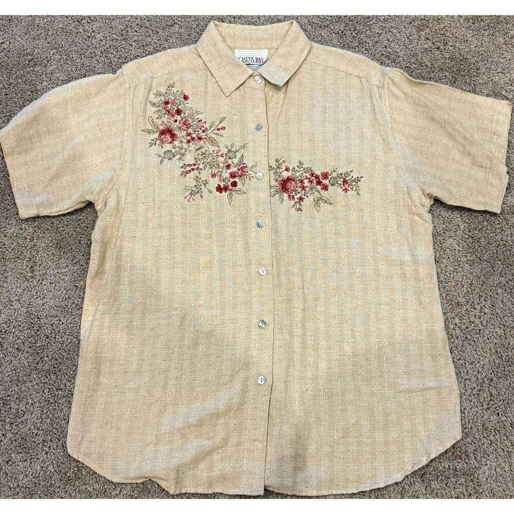 Casey & Max Women’s L Vintage Floral Embroidered Shirt Beige Linen